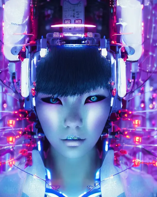 Prompt: a portrait of a beautiful cyberpunk geisha robot, ghost in the shell geisha robot, by wlop, by rossdraws, motherboard, circuitry, wires, neon lights, micro detail, octane render, sci - fi, intricate, 8 k, cgsociety