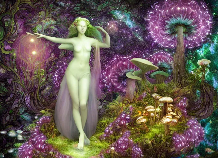 Image similar to glowing delicate flower and mushrooms that grow in a dark fatansy forest on the planet Pandora, an idealistic marble statue with fractal flowery hair in a fractal garden,