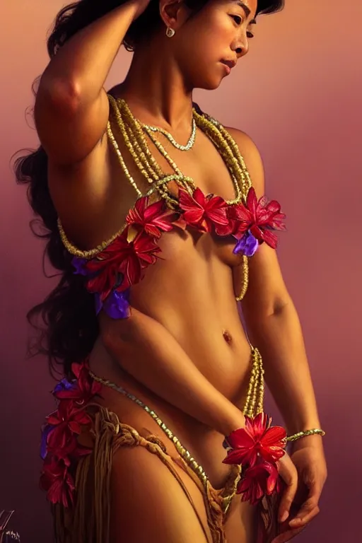 Prompt: body portrait of hawaiian queen wearing a lea, by terry o'neill intricate, elegant, highly detailed, digital painting, glistening skin, artstation, concept art, smooth, sharp focus, contrasting lighting, bright colors, dark background, illustration, art by artgerm and greg rutkowski and alphonse mucha, 8 k