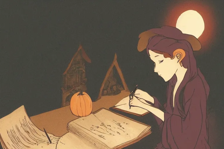 Prompt: a young witch writing in her spellbook halloween, over the shoulder angle, studio ghibli, warm, earthy tones, lit by candlelight, mucha