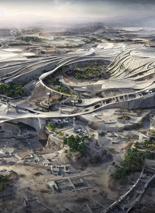 Prompt: techno chuquicamata bioremediation white mining tailing futuristic horizontal architecture, epic, cinematic, hyperealistic, high detailed, corona render, hdr, ray tracing