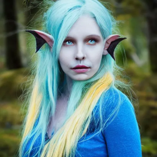 Image similar to a beautiful photo portrait of a forest elf, blue and golden hair, 8k, photography,