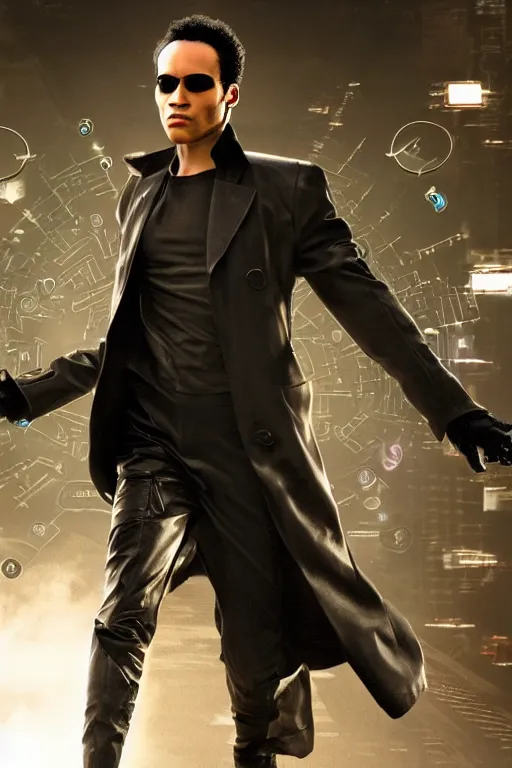 Prompt: an action photograph of the new matrix movie featuring donald glover, wearing sun glasses and black leather trench coat, matrix symbols in the background, extremely detailed, extremely symmetrical facial features, unreal engine, by kevin fiege 8 k