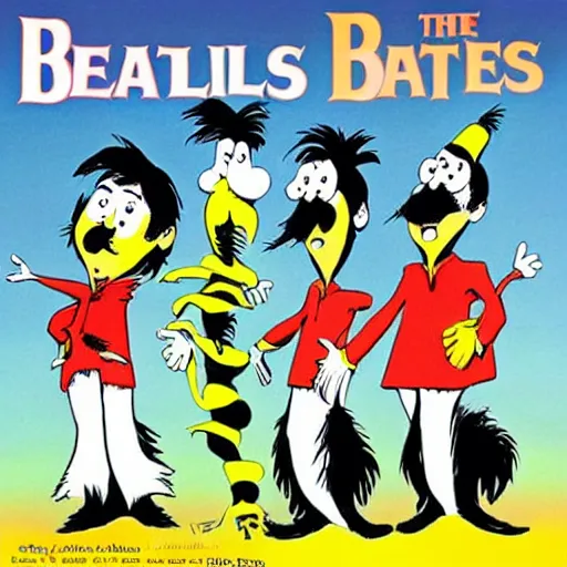 Prompt: The Beatles as a Dr. Seuss cartoon, album cover