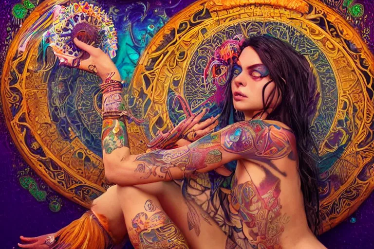 Image similar to a centered full body render of an alluring festival hippy with tribal tattoos surrounded by a underwater ink pour and flowing liquid gallium and sacred geometry, perfect body and face, gorgeous, cinematic, beautifully lit, by artgerm, by karol bak, by donato giancola, 3 d, trending on artstation, octane render, 8 k