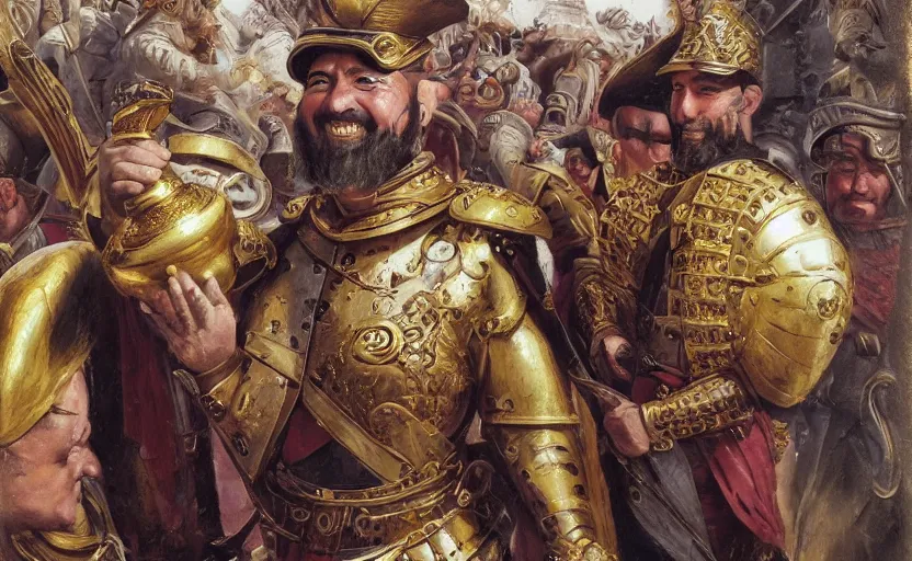 Image similar to smiling spanish conquer soldier francisco pizarro holding golden cup on a inca temple, highly detailed, digital painting, artstation, concept art, sharp focus, dreamy illustration, art by katsuhiro otomo ghost - in - the - shell, magali villeneuve, artgerm, rutkowski jeremy lipkin and giuseppe dangelico pino and michael garmash and rob rey