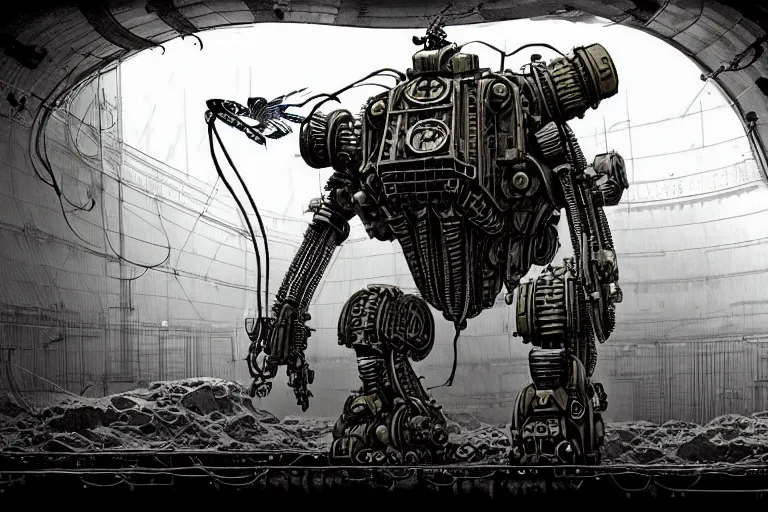 Image similar to dieselpunk mechs that look like Dragonfly, inside an gigantic underground concrete doom hangar, interior structure, drains, storm drains, jungle, vines, algea, cables, panels, walls, ceiling, floor, doors, brutalist architecture, intricate ink drawing, highly detailed in the style of Ashley Wood, moebius and Tsutomu Nihei, photorealistic, cinematic, intricate detail, well lit,