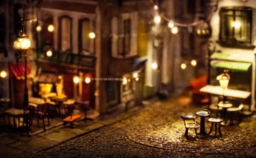 Prompt: miniature cafe nighttime diorama macro photography, cafe for mice, alleyway, ambient, atmospheric, british, bokeh, romantic