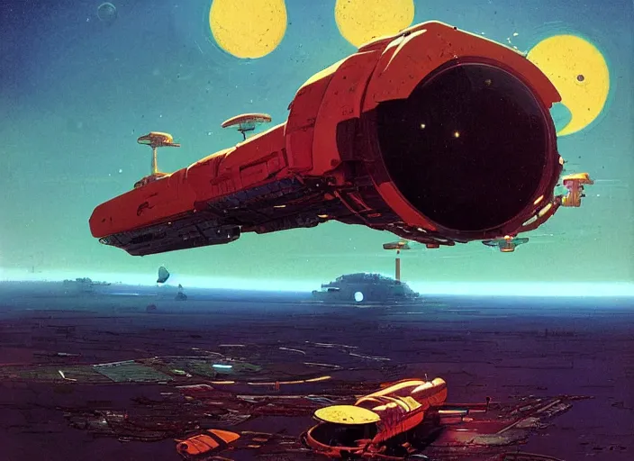 Prompt: a huge vividly - coloured spacecraft in an empty landscape by martin deschambault, dean ellis, peter elson, chris foss, josan gonzalez, david a hardy, john harris, wadim kashin, angus mckie, bruce pennington, retro 1 9 6 0 s sci - fi art