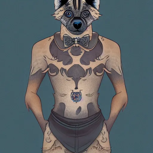 Image similar to a full - body centered front - perspective furry male fursona portrait, a male african wild dog fursona, with a yin and yang tattoo on the left side of the chest, trending on twitter, high - resolution, photorealistic