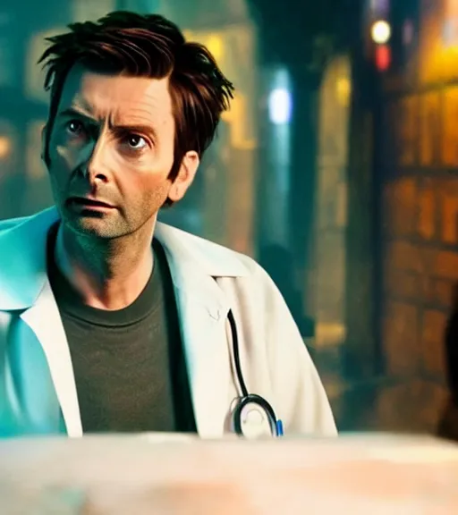 Image similar to David Tennant in the role of Doctor Who from Cyberpunk 2077, amazing short, 8K, IMAX, ultra detailed