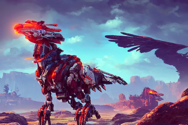 Image similar to stormbird machine mecanical creature robot of horizon forbidden west horizon zero dawn radiating a glowing aura global illumination ray tracing hdr fanart arstation by ian pesty and alena aenami artworks in 4 k