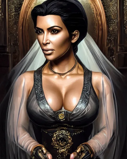 Image similar to A film still of kim kardashian as Lady Dimitrescu in resident evil , highly detailed, digital painting, artstation, concept art, sharp focus, illustration, cinematic lighting, art by artgerm and greg rutkowski and alphonse mucha diffuse lighting, fantasy, intricate, elegant, highly detailed, lifelike, photorealistic, digital painting, artstation, illustration, concept art, smooth, sharp focus, art by John Collier and Albert Aublet and Krenz Cushart and Artem Demura and Alphonse Mucha