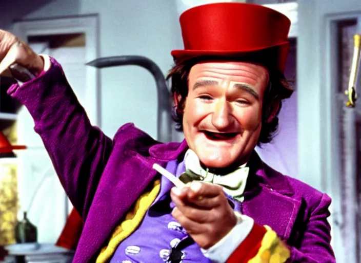 Image similar to film still of Robin Williams as Willy Wonka in Willy Wonka and the Chocolate Factory 1971