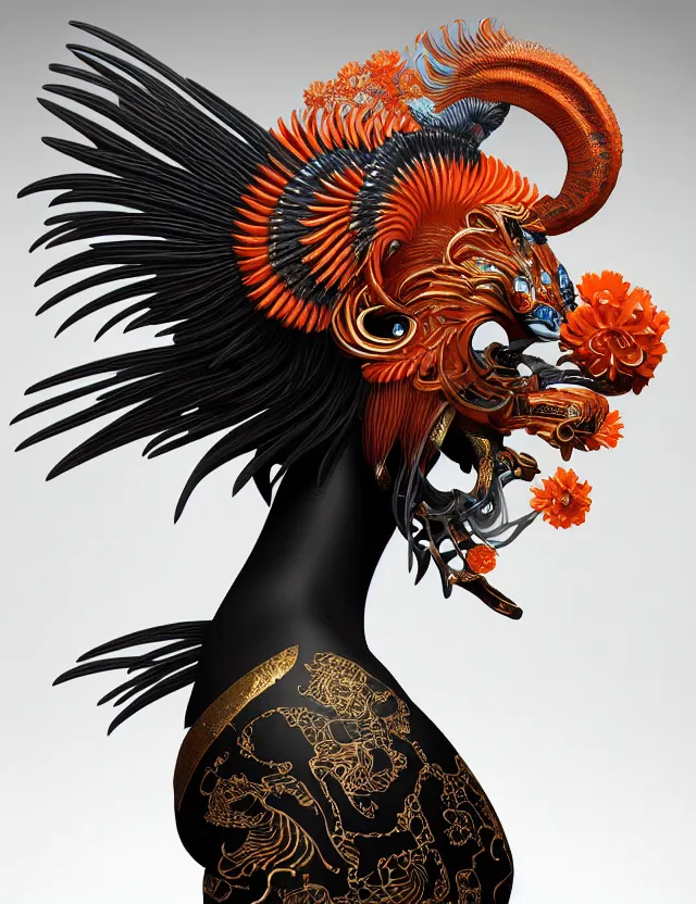 Image similar to 3 d goddess close - up profile portrait biomechanics with ram skull. beautiful intricately detailed japanese crow kitsune mask and clasical japanese kimono. betta fish, jellyfish phoenix, bio luminescent, plasma, ice, water, wind, creature, artwork by tooth wu and wlop and beeple and greg rutkowski. gold black teal and orange color scheme