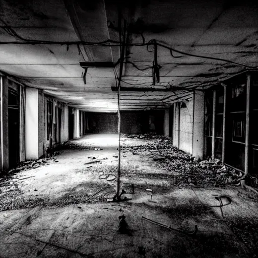 Image similar to two men in black, looking at a bright light in the dark grimy grungy basement of an abandoned apartment block, wires, cables, grainy black and white photography