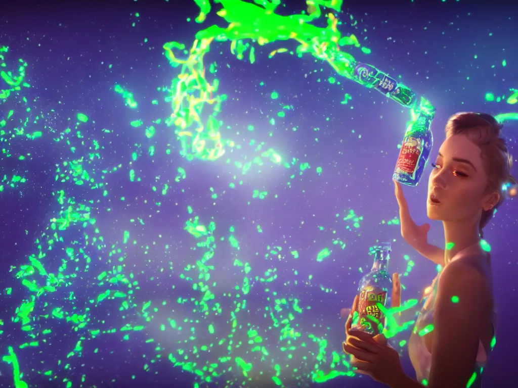 Image similar to a hyperrealistic portrait render of a beauty queen opening a bottle of glowing worms and drinking fluorescent liquid in the cosmos, unreal engine 8k