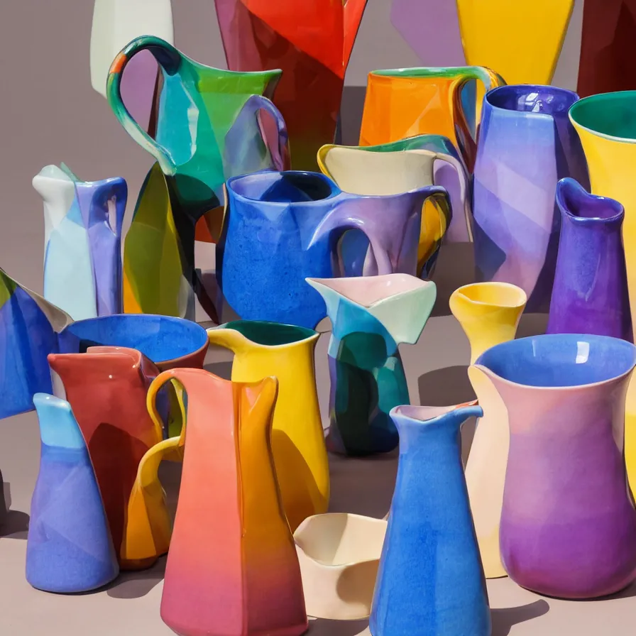 Prompt: beautiful ceramics studio photograph of a tall colorful geometric symmetrical fancy porcelain pitcher, glazed by paul klee and victor vasarely, placed on a polished wooden table, hyperrealism 8 k trending on artstation
