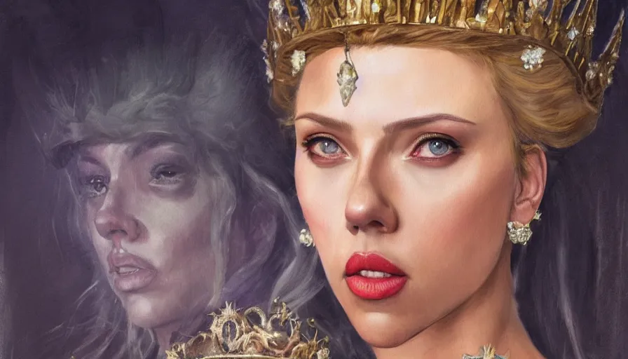 Image similar to scarlett johansson as a stately queen, fantasy, oil painting, concept art