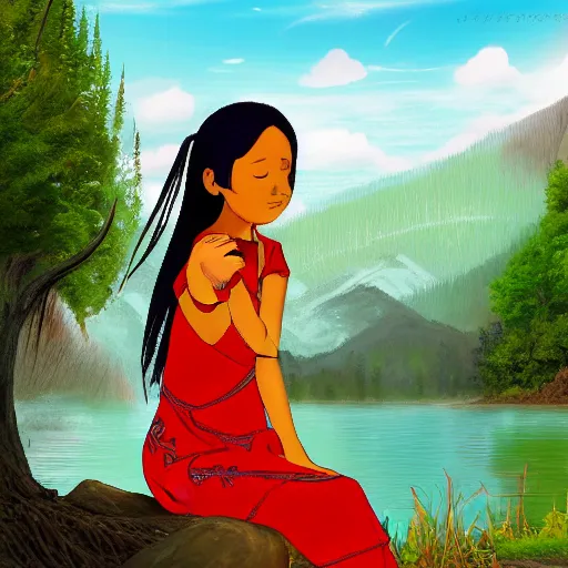 Image similar to prompt Young Harpy, red feathered wings, wearing Inka clothes, sad expression, sitting at a pond, mountainous area, trees in the background, digital art