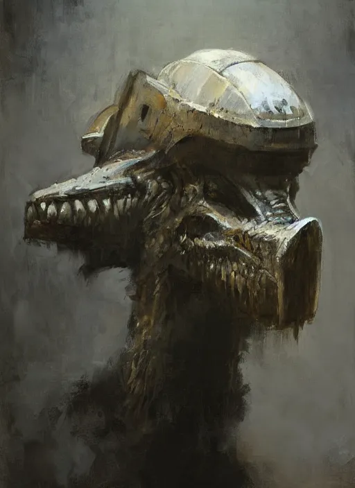 Image similar to portrait painting of berserker with a dinosaur head helmet, by jeremy mann, only one head single portrait