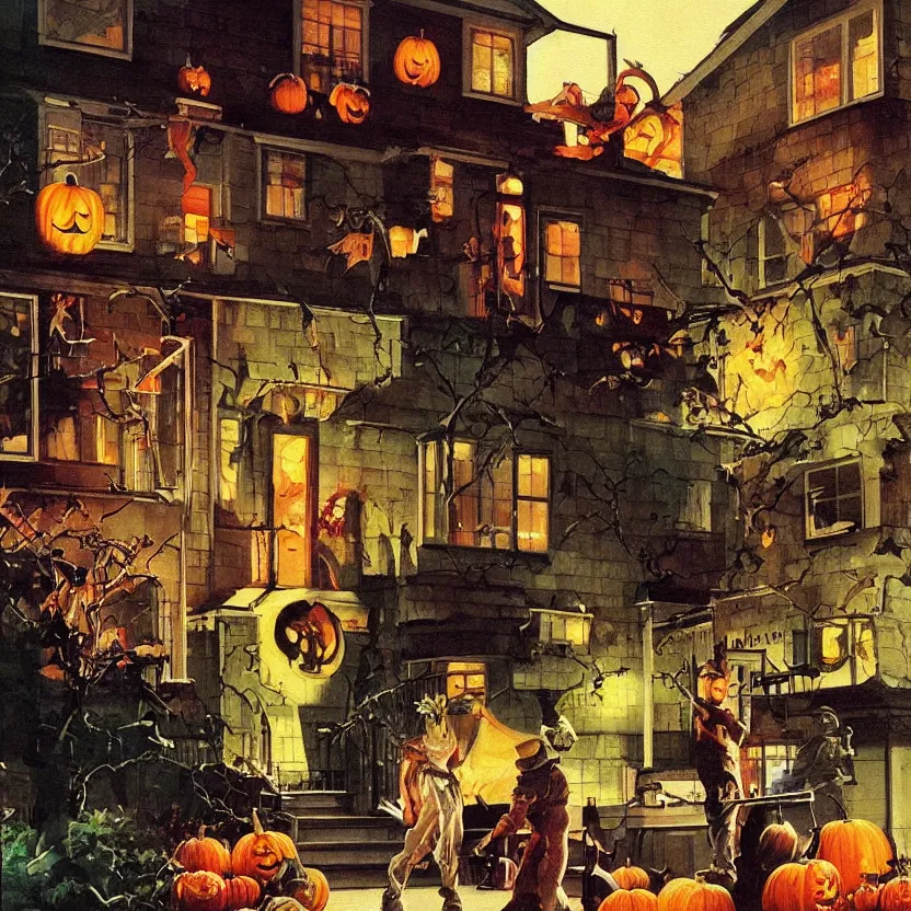 Image similar to a framed painting of a halloween scene in a suburban neighborhood.. highly detailed science fiction painting by norman rockwell, frank frazetta, and syd mead. framed painting. rich colors, high contrast, gloomy atmosphere, dark background. trending on artstation