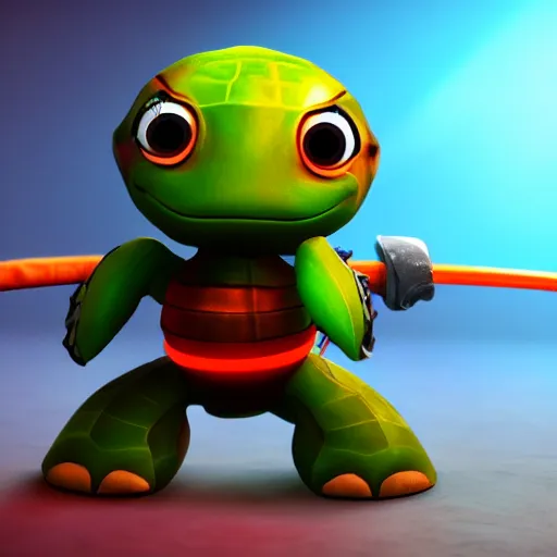 Prompt: a cute little chibi turtle with swords standing, dramatic led lights in blue and orange, unreal engine, 8k, pixar style