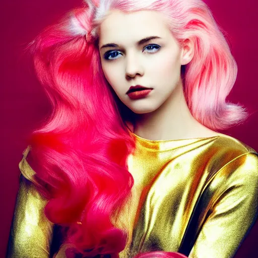 Image similar to a dramatic photo of a beautiful young woman with cotton candy hair. with a little bit of gold and red