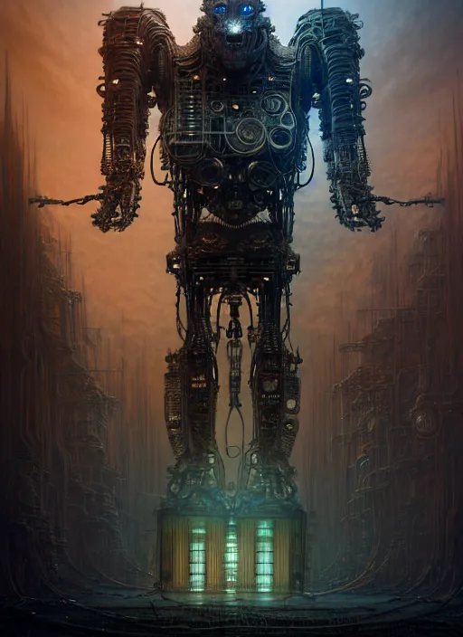 Image similar to A photorealistic 3d render of a robot monster cyborg made of circuits wide view shot by ellen jewett , tomasz alen kopera and Justin Gerard symmetrical features, ominous, magical realism, texture, intricate, ornate, royally decorated, android format, windows, many doors, roofs, complete house , whirling smoke, embers, red adornments, red torn fabric, radiant colors, fantasy, trending on artstation, volumetric lighting, micro details, 3d sculpture, ray tracing, 8k