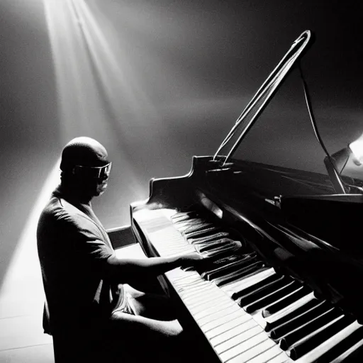 Image similar to stevie wonder sitting at a piano playing music. studio lighting, mood, god rays through fog..