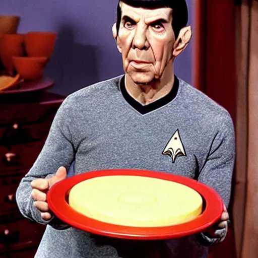 Image similar to spock eating a large wheel of cheese,