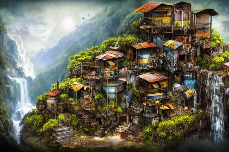 Image similar to mission waterfall favela honeybee hive, subconscious environment, industrial factory, award winning art, epic dreamlike fantasy landscape, ultra realistic,