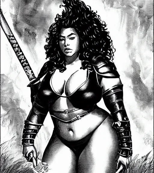 Image similar to 1 9 8 0 s fantasy novel book cover, bbw plus size amazonian zendaya in extremely tight bikini armor wielding a cartoonishly large sword, exaggerated body features, dark and smoky background, low quality print