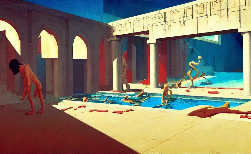 Prompt: Inside a greek dungeon with a big pool, very coherent, painted by Edward Hopper, Wayne Barlowe, painted by James Gilleard, airbrush, art by JamesJean