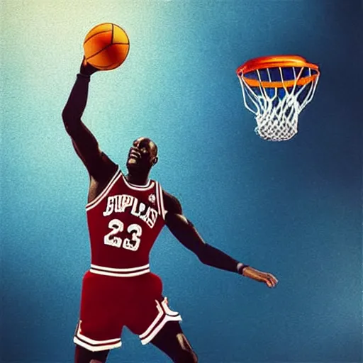 Image similar to “hyperrealistic mixed media high resolution image of michael jordan wearing a superman suit dunking a basketball, stunning 3d render inspired art by István Sándorfi and Greg Rutkowski and Unreal Engine, perfect symmetry, dim volumetric lighting, 8k octane beautifully detailed render, post-processing, extremely hyper-detailed, intricate, epic composition, highly detailed attributes, highly detailed atmosphere, cinematic lighting, masterpiece, trending on artstation, very very detailed, masterpiece, stunning, flawless structure, lifelike texture, perfection,”