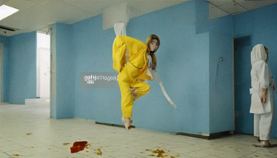 Image similar to 60s movie still of white japanese female phantoms bloody in an empty soviet stalinist style hospital with yellow tiles floor with light blue beds, cinestill 800t 35mm technicolor, heavy grain, high quality, higly detailed, liminal space