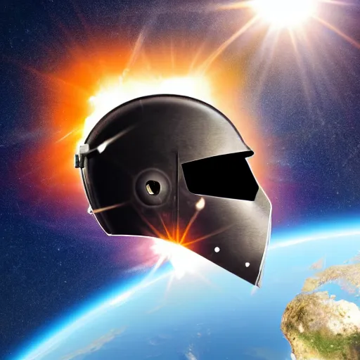 Image similar to a roman helmet flying in space with the earth in the background, sun flare.