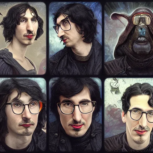 Image similar to photo booth, john oliver with adam driver, john oliver, adam driver, john oliver, stylized, centered, dark, smokey, fantasy, intricate, highly detailed, digital painting, deviant art, art by artgerm, art by greg rutkowski, art by alphonse mucha