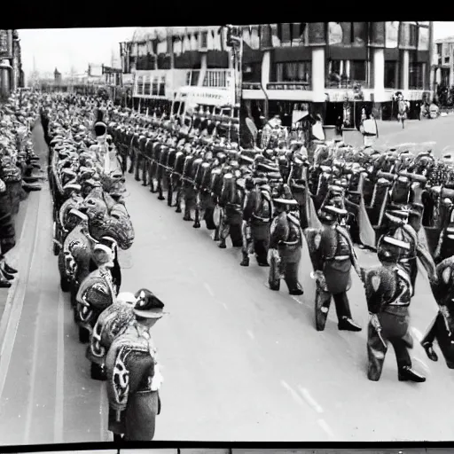 Image similar to The British armed forces parade in the magical mystery tour bus news footage