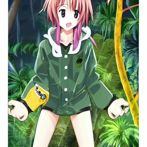 Image similar to anime girl wearing a rain coat in a jungle