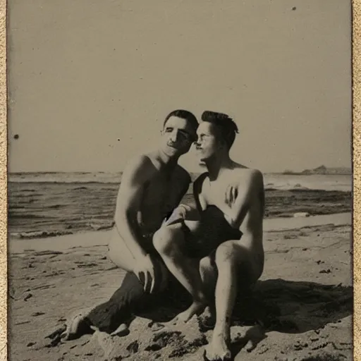 Image similar to a gay couple on the beach with a cat, vintage, 1 8 0 0 s