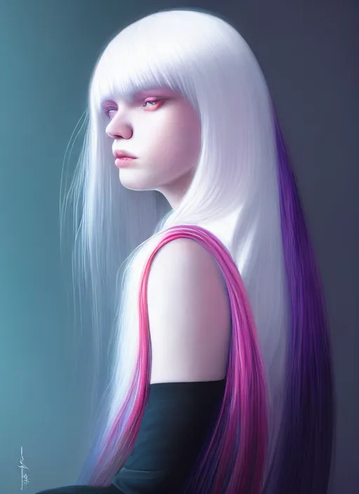 Image similar to hair whitebangs hair, black hair, whitebangs, portrait of teenage girl with white bangs, red irises, purple clothes, white bangs, bangs are different color from hair, intricate, elegant, glowing lights, highly detailed, digital painting, artstation, concept art, smooth, sharp focus, illustration, art by wlop, mars ravelo and greg rutkowski