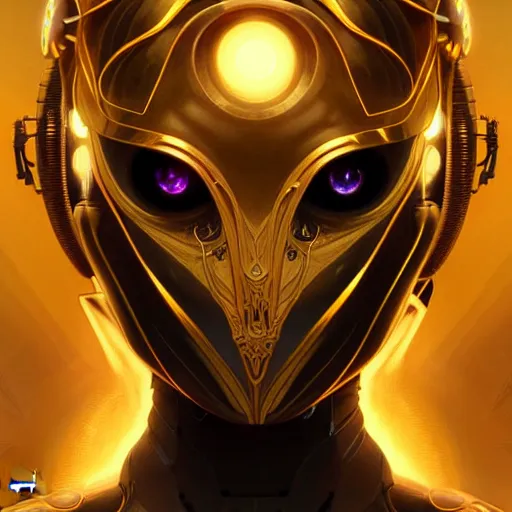 Image similar to hyper advanced cyborg alien ai, sci fi, glowing eyes, volumetric lights, gold theme, art nouveau botanicals, intricate, highly detailed, digital painting, artstation, concept art, smooth, sharp focus, cinematic, illustration, beautiful face, art by artgerm and greg rutkowski and alphonse mucha