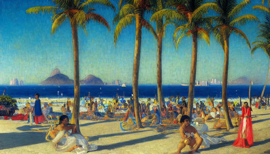 Image similar to a ultradetailed beautiful painting of the luxurious beautiful utopian futuristic rio de janeiro designed by jules bastien - lepage, tarsila do amaral, frank weston and gustave baumann, beach, trending on artstation, mediterranean, palm trees, sharp focus, colorful refracted sparkles and lines, soft light, 8 k 4 k