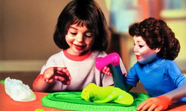 Prompt: kid playing with slime monster, realistic, toy commercial photo, highly detailed, photo from the 80s