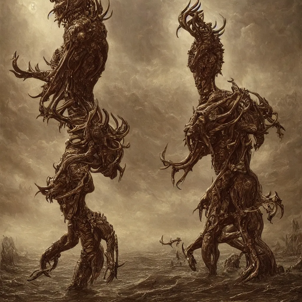 Prompt: a masterpiece! full body photographic portrait of an alien beast!! with seven heads!! and ten horns!! walking on water on a city street by gustave dore and sam spratt and allen williams, trending on artstation, cgsociety, 8 k hd, earthtone colors,