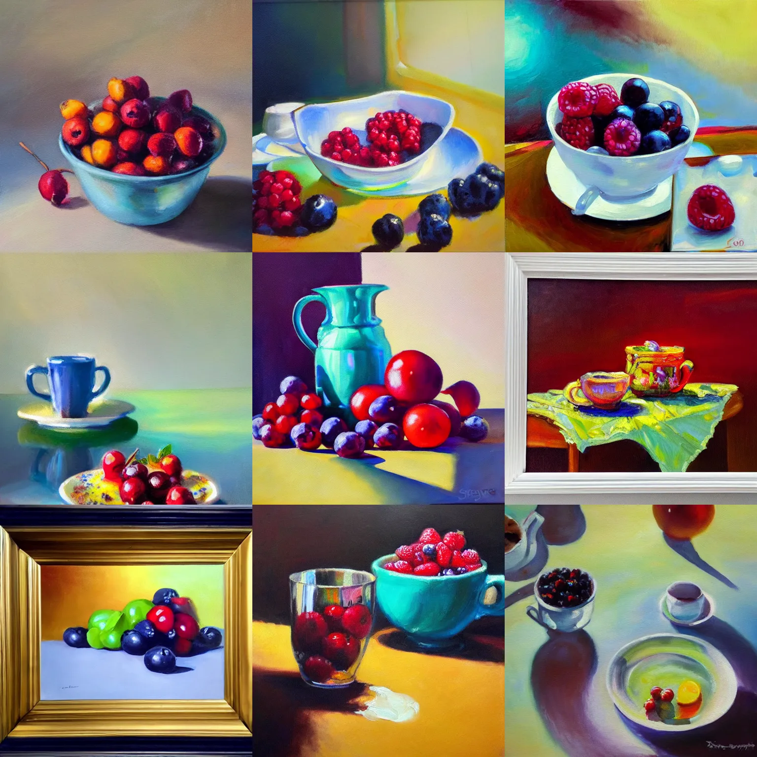 Prompt: breakfast with shiny berries and a big coffee, oil painting, glassware, thick strokes, vibrant, colorful, bright, reflections, sunlit, sharp, subsurface scattering, sharp edges, hazy, field of view