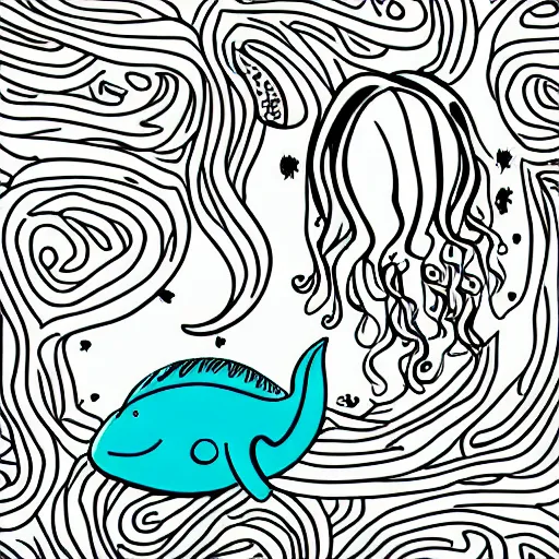 Prompt: A mermaid floating with jellyfish, For kids, Vector SVG without coloring, line only