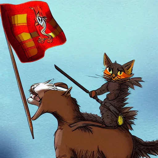 Image similar to a warrior cat carrying his battle flag while riding a large steed cat that is galloping into battle