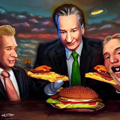 Prompt: portrait of bill maher feeding bill maher giant hamburgers, extra bacon lettuce and tomatoes, an oil painting by ross tran and thomas kincade